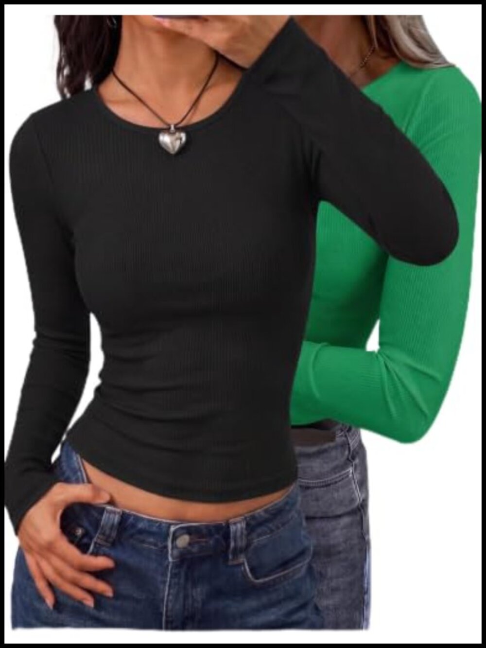 Ribbed Knit Long Sleeve T-Shirt Set Crew Neck Slim Fit Casual Top